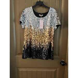 NWT MANER SILVER  BRONZE SEQUINED EMBELLISHED SHORT SLEEVE TOP SIZE XXL